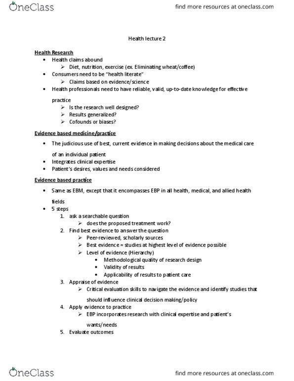 HLSC 1F90 Lecture Notes - Lecture 2: Uptodate, Cohort Study, Evidence-Based Practice thumbnail