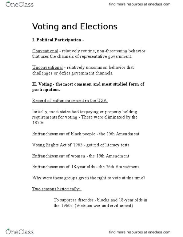 POLI 2051 Lecture Notes - Lecture 10: Indirect Election, Secret Ballot, Voting Rights Act Of 1965 thumbnail