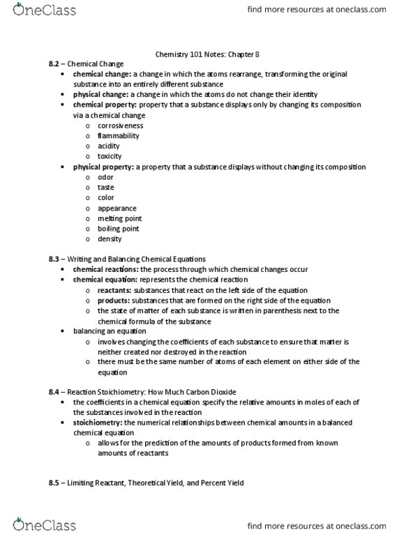 CHEM 101 Chapter Notes - Chapter 8: Limiting Reagent, Stoichiometry, Chemical Equation thumbnail