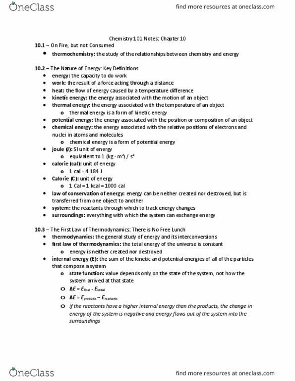 CHEM 101 Chapter Notes - Chapter 10: Styrofoam, Calorimeter, Endothermic Process thumbnail