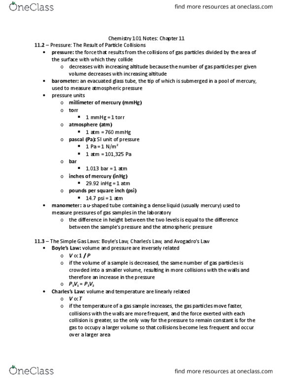 CHEM 101 Chapter Notes - Chapter 11: Stoichiometry, Kinetic Theory Of Gases, Intermolecular Force thumbnail