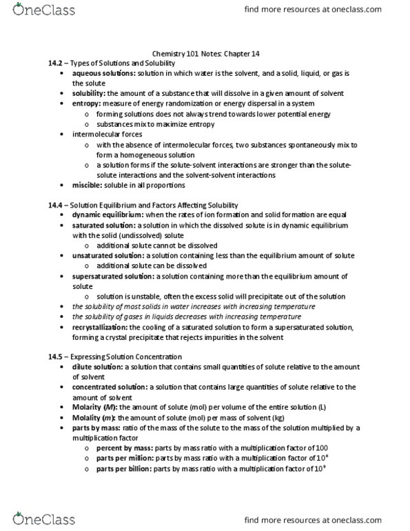 CHEM 102 Chapter Notes - Chapter 14: Molality, Molar Concentration, Supersaturation thumbnail