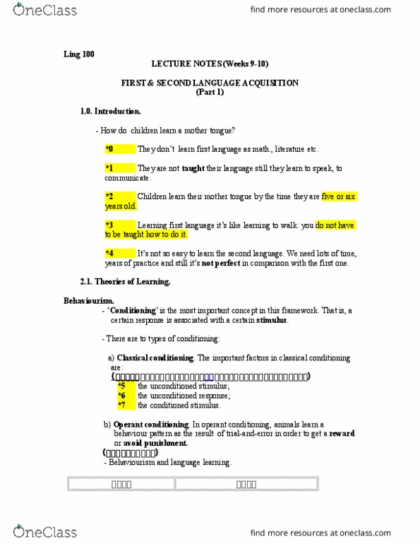 LING 100 Lecture Notes - Lecture 9: Regular And Irregular Verbs, Classical Conditioning, Operant Conditioning thumbnail