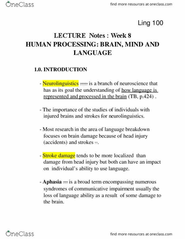 LING 100 Lecture Notes - Lecture 8: Receptive Aphasia, Agrammatism, Temporal Lobe thumbnail