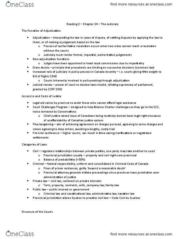 Political Science 2230E Chapter Notes - Chapter 24: Canadian Judicial Council, Provincial And Territorial Courts In Canada, Supreme Court Act thumbnail