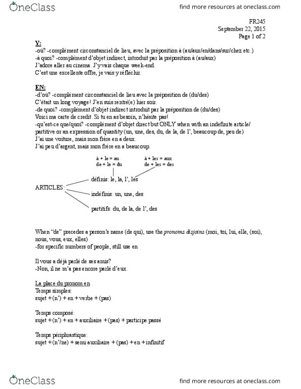 FR245 Lecture Notes - Lecture 3: Infinitive thumbnail