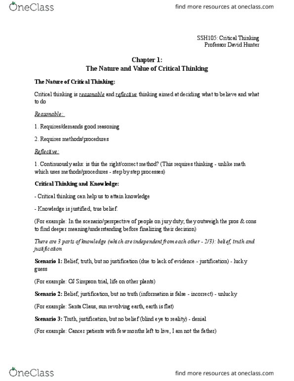 SSH 105 Lecture 1: Critical Thinking - Note #1 thumbnail