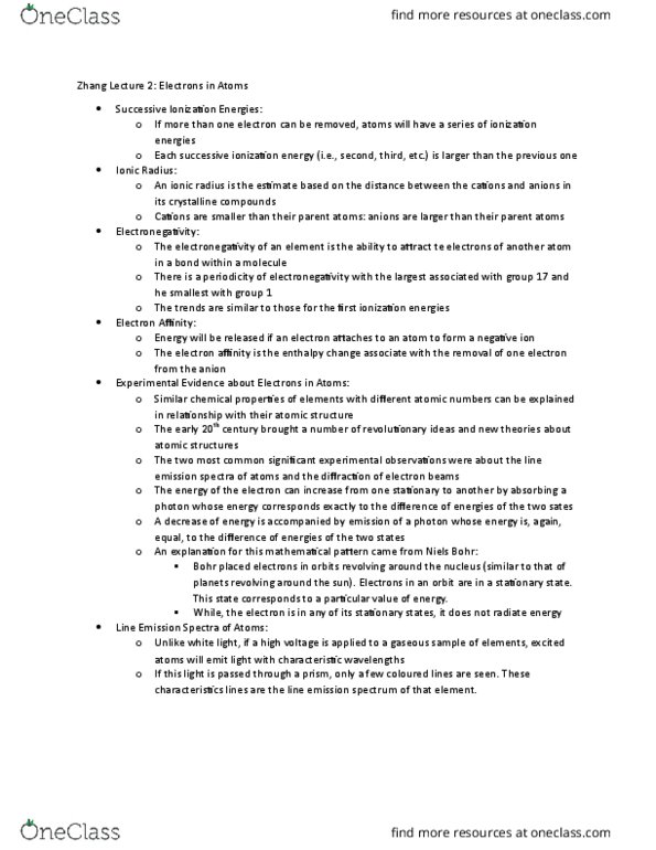 CHMA10H3 Lecture Notes - Lecture 2: Emission Spectrum, Niels Bohr, Photon thumbnail