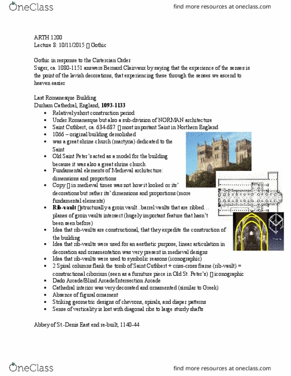 ARTH 1200 Lecture Notes - Lecture 8: Cistercians, Amiens Cathedral, Flying Buttress thumbnail