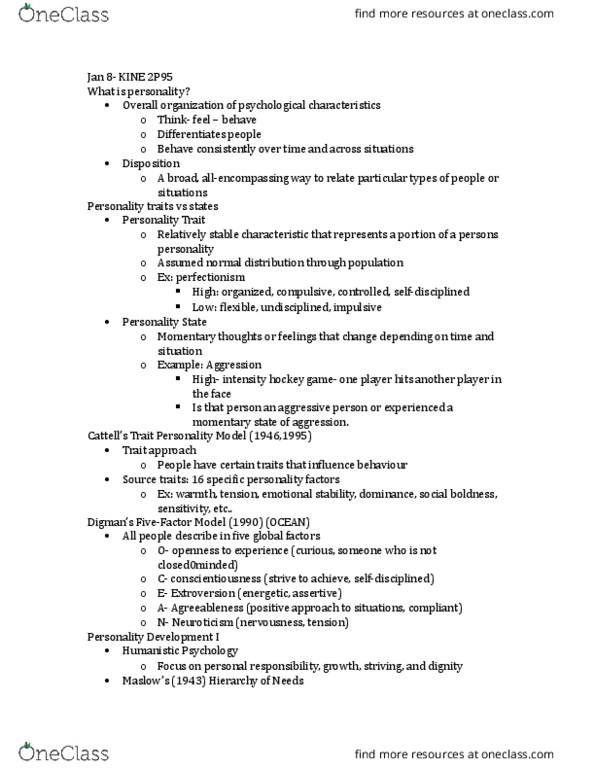 KINE 2P95 Lecture Notes - Lecture 2: B. F. Skinner, Extraversion And Introversion, Sensation Seeking thumbnail