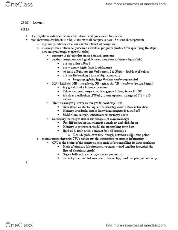 CAS CS 101 Lecture Notes - Lecture 1: Von Neumann Architecture, Hard Disk Drive, Kilobyte thumbnail
