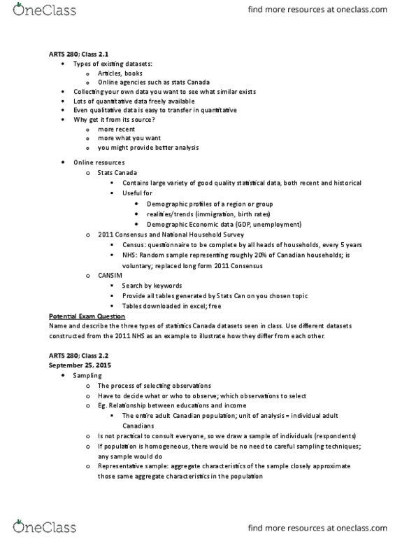 ARTS280 Lecture Notes - Lecture 2: Snowball Sampling, Nonprobability Sampling, Quota Sampling thumbnail