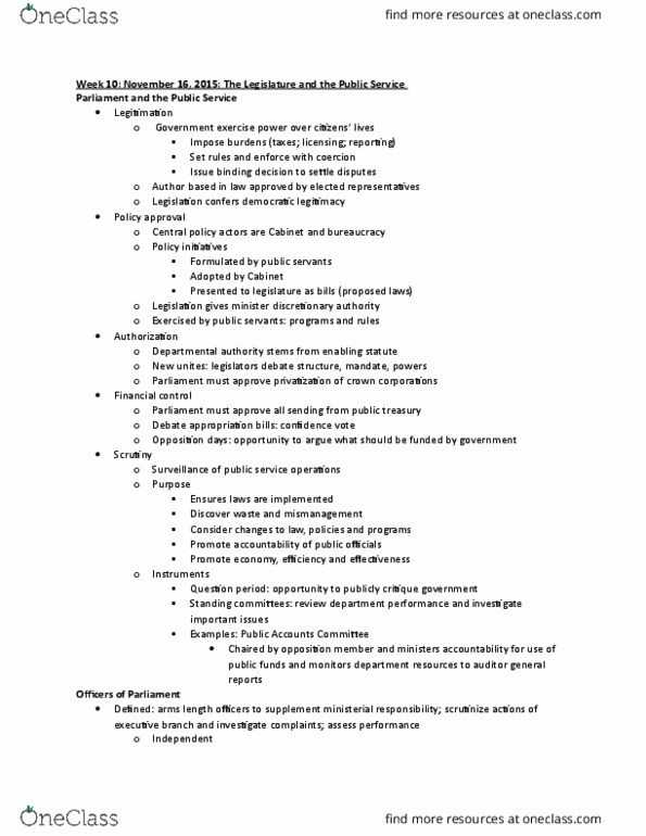 PSCI331 Lecture Notes - Lecture 9: Parliamentary Budget Officer, Information Commissioner, Comptroller thumbnail