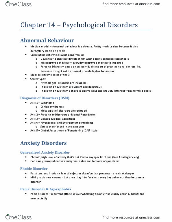 PS101 Chapter Notes - Chapter 14: Major Depressive Disorder, Agoraphobia, Medical Model thumbnail