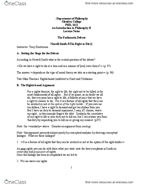 PHIL 1612 Lecture Notes - Lecture 5: Euthanasia, Modus Ponens, Glendon College thumbnail