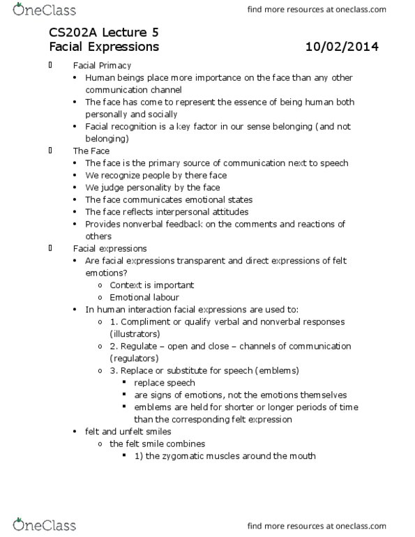 CS202 Lecture Notes - Lecture 5: Orbicularis Oculi Muscle, Facial Feedback Hypothesis, Emotional Contagion thumbnail