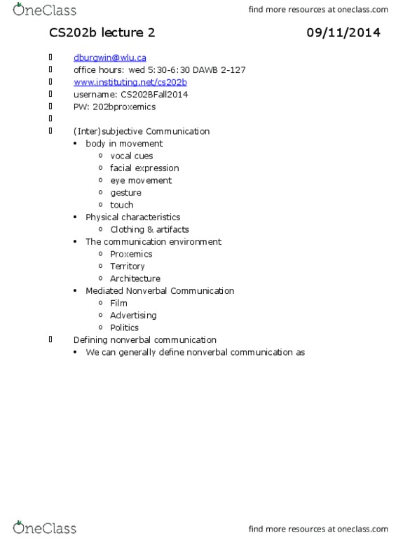 CS202 Lecture Notes - Lecture 2: Proxemics, Linguistics, Nonverbal Communication thumbnail