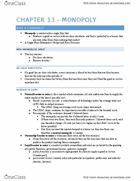 Economics 1021A/B Lecture Notes - Lecture 13: Allocative Efficiency, Market Power, Perfect Competition thumbnail