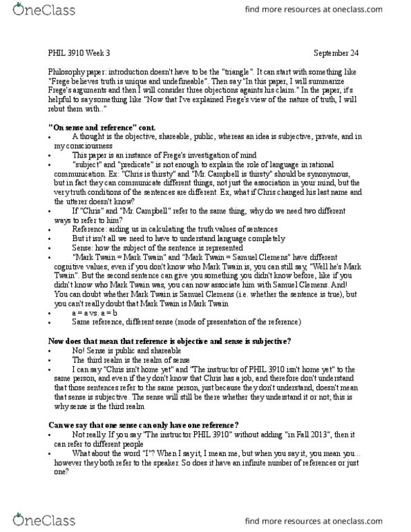 PHIL 3910 Lecture Notes - Lecture 3: Object Language, Metalanguage, Mark Twain thumbnail