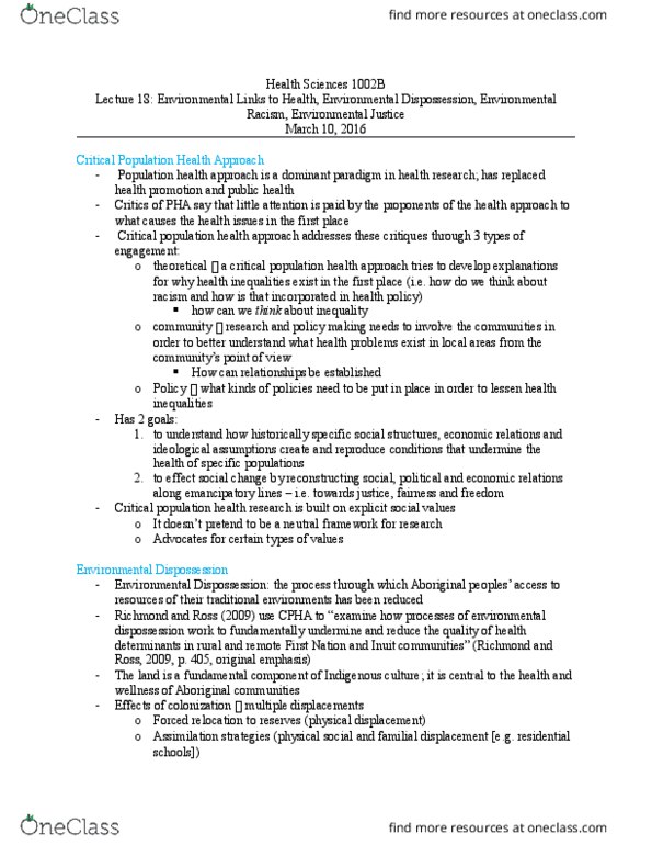 Health Sciences 1002A/B Lecture Notes - Lecture 18: Population Health, Robert Lee Bullard, Global Sources thumbnail