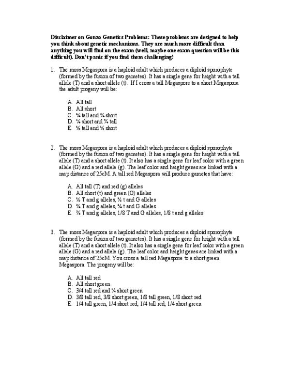 Biol 112 Study Guide Summer 12 Gargoyle Griffin Centimorgan