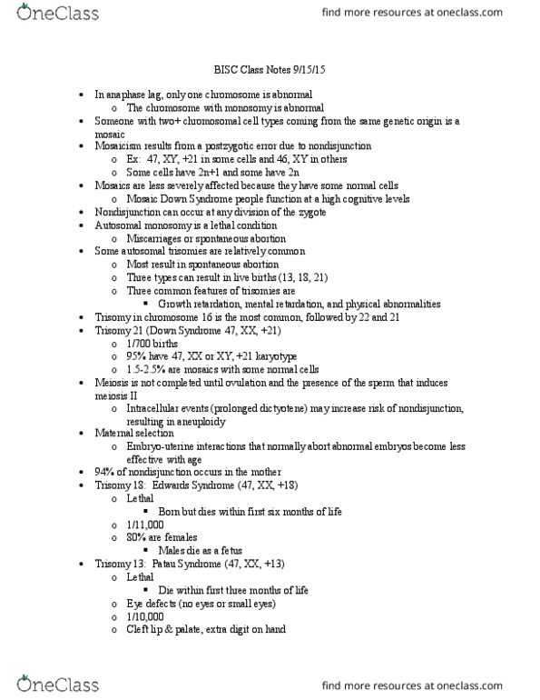 BISC105 Lecture Notes - Lecture 3: Chromosome, Dosage Compensation, Nondisjunction thumbnail