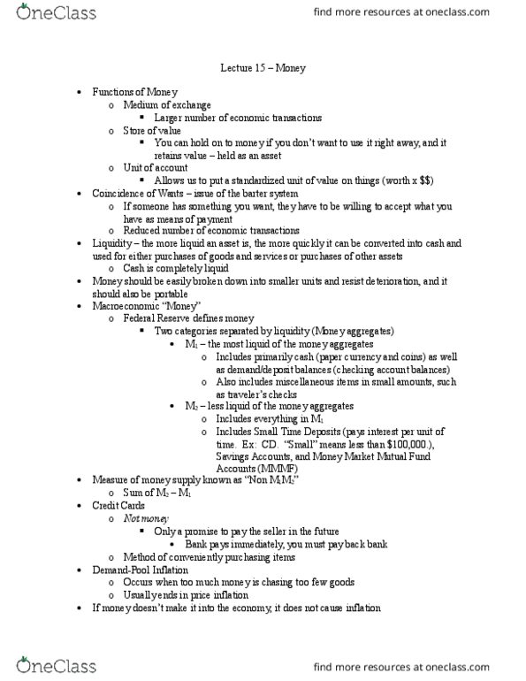 ECON103 Lecture Notes - Lecture 15: Barter, Hyperinflation, Money Supply thumbnail