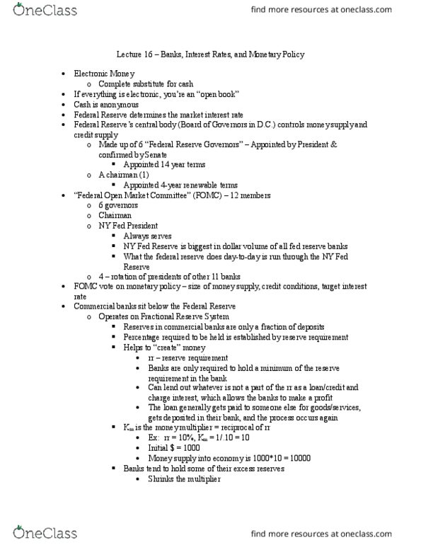 ECON103 Lecture Notes - Lecture 16: Reserve Requirement, Federal Open Market Committee, Excess Reserves thumbnail