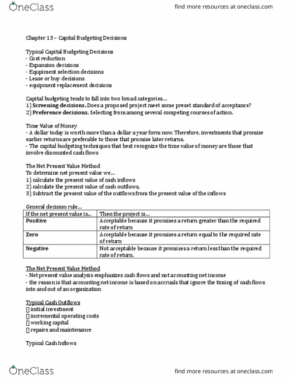 Management and Organizational Studies 3370A/B Chapter Notes - Chapter 13: Capital Cost, Earnings Before Interest And Taxes, Payback Period thumbnail