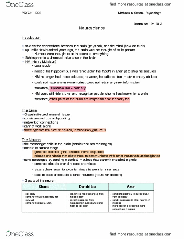 Psychology 1000 Lecture Notes - Lecture 1: Axon Terminal, Biology Of Depression, Neuroglia thumbnail