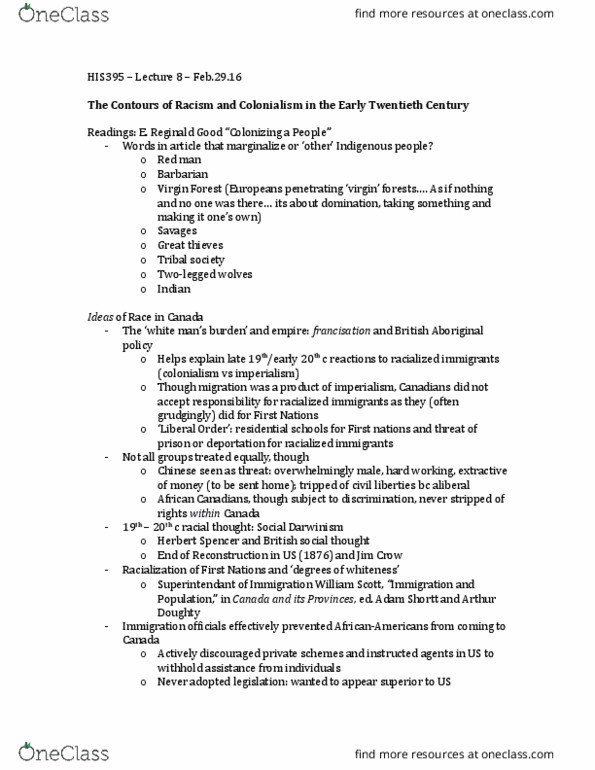 HIS395H5 Lecture Notes - Lecture 8: Racialization, The Contours, Clifford Sifton thumbnail