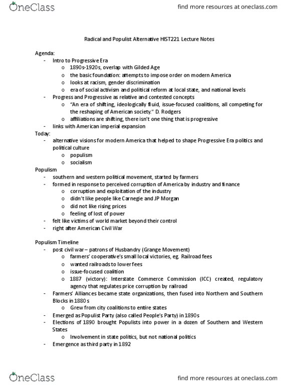 HIST 221 Lecture Notes - Lecture 5: Co-Operative Economics, William Jennings Bryan, Hearing Loss thumbnail