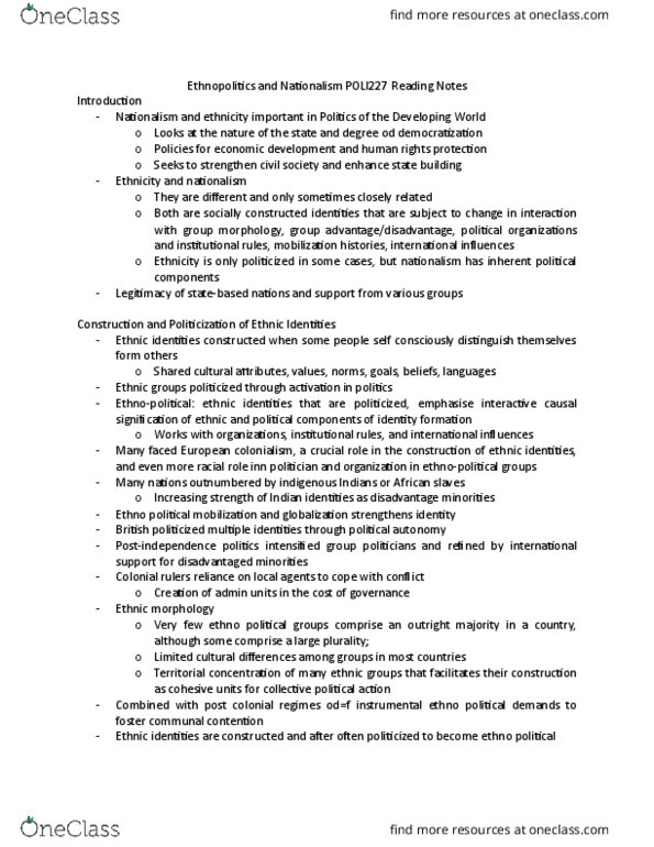 POLI 227 Lecture Notes - Lecture 4: Monoculturalism, Definitions Of Politicide, Civic Nationalism thumbnail