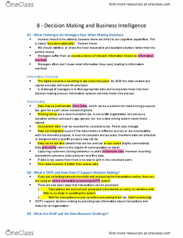 MCS 2020 Chapter Notes - Chapter 8: Decision Support System, Olap Cube, Online Transaction Processing thumbnail