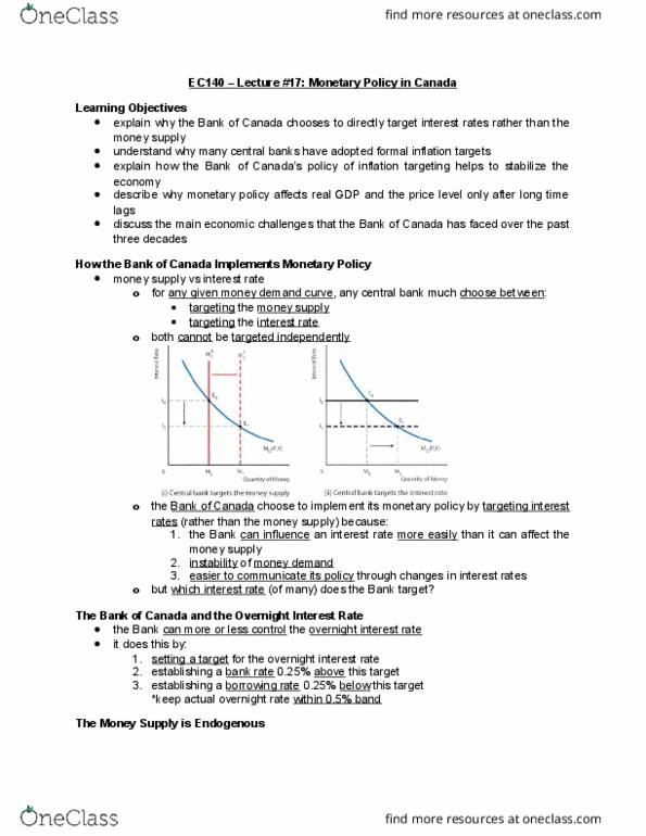 EC140 Lecture Notes - Lecture 17: Monetary Policy, Overnight Rate, Inflation Targeting thumbnail