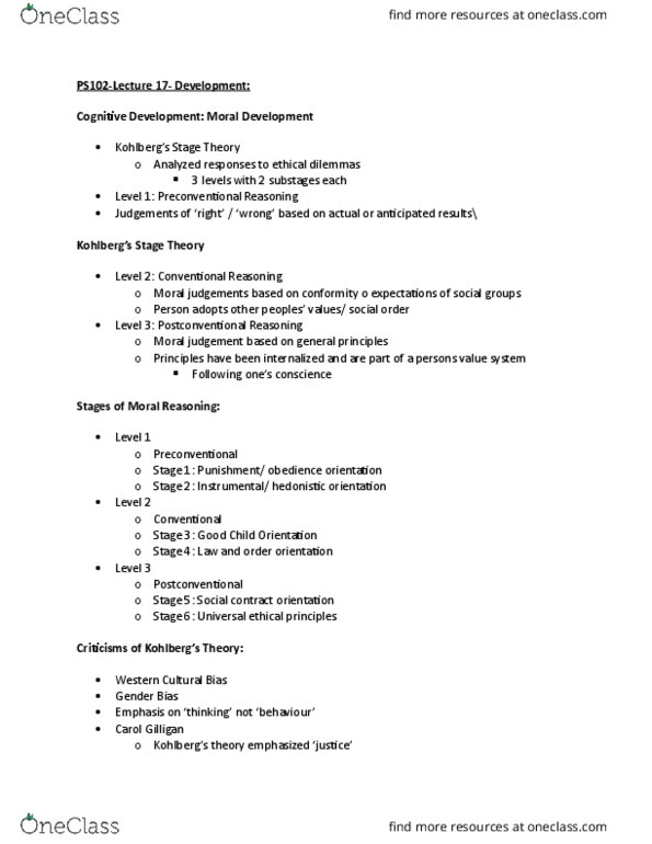 PS102 Lecture Notes - Lecture 17: Moral Development, John Bowlby, Social Contract thumbnail