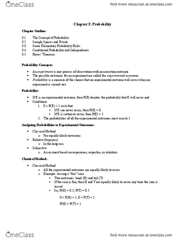 COMM 104 Lecture Notes - Lecture 3: Mutual Exclusivity, Sample Space, Conditional Probability thumbnail