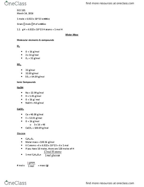 ISCI 101 Lecture Notes - Lecture 10: Molar Mass, Sodium Hydroxide thumbnail