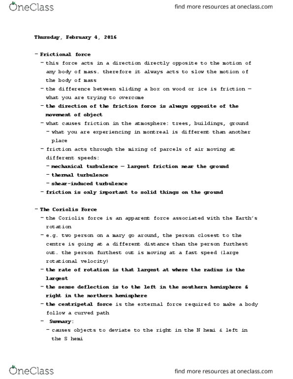 ATOC 184 Lecture Notes - Lecture 7: Coriolis Force, Centripetal Force, Friction thumbnail