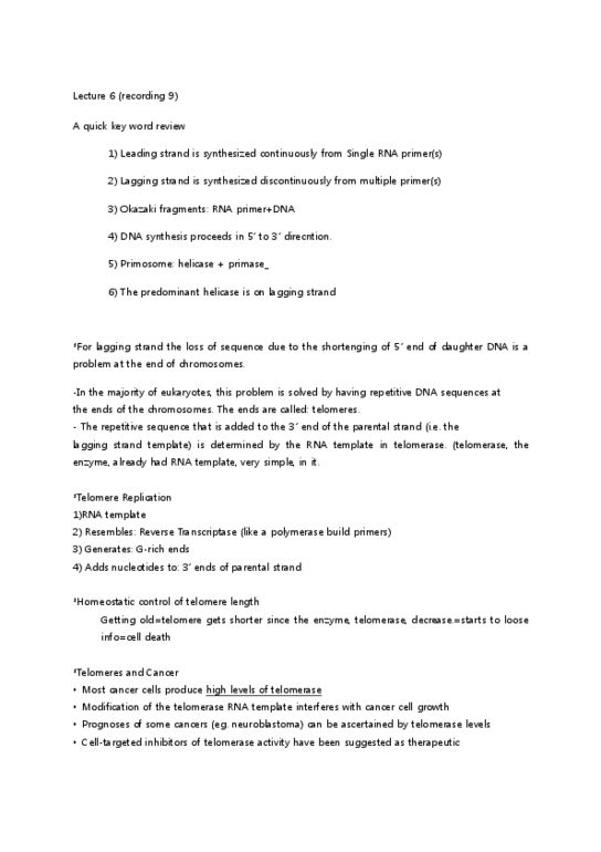 BIO130H1 Lecture Notes - Lecture 6: Nuclease, Proofreading, Dna Repair thumbnail