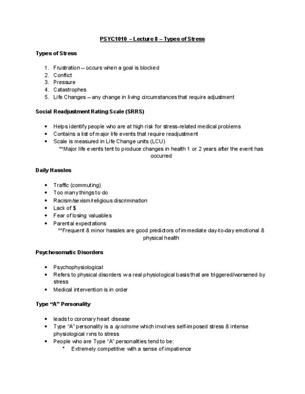 PSYC 1010 Lecture Notes - Lecture 8: Coronary Artery Disease, Type A And Type B Personality Theory, Hans Selye thumbnail