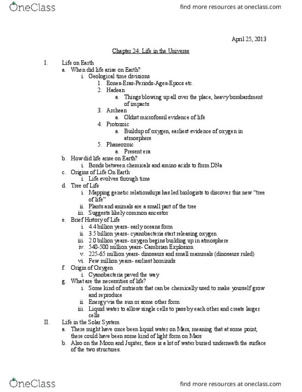 POSC 3616 Lecture Notes - Lecture 15: Cambrian Explosion, Micropaleontology, Archean thumbnail