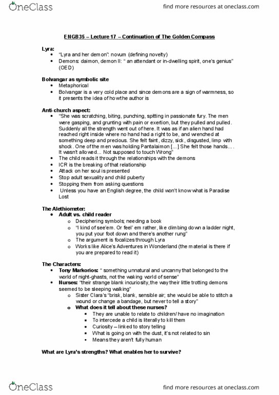ENGB35H3 Lecture Notes - Lecture 17: Locations In His Dark Materials, Aletheia, List Of His Dark Materials Characters thumbnail