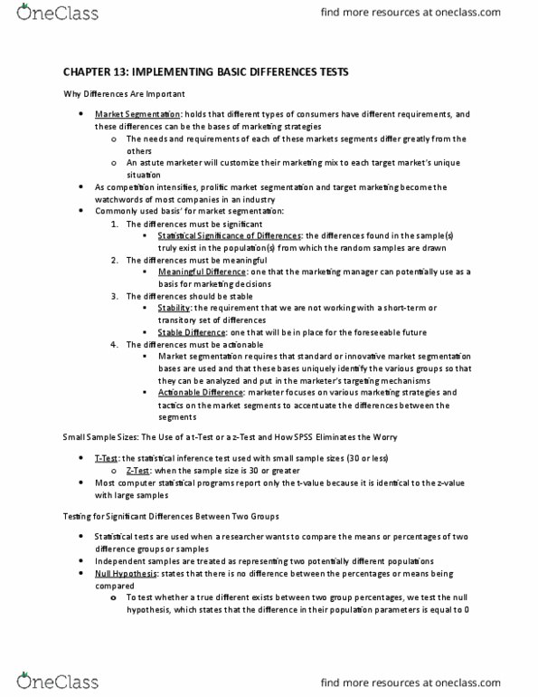 MKT 500 Chapter Notes - Chapter 13: Null Hypothesis, Statistical Inference, Statistical Significance thumbnail