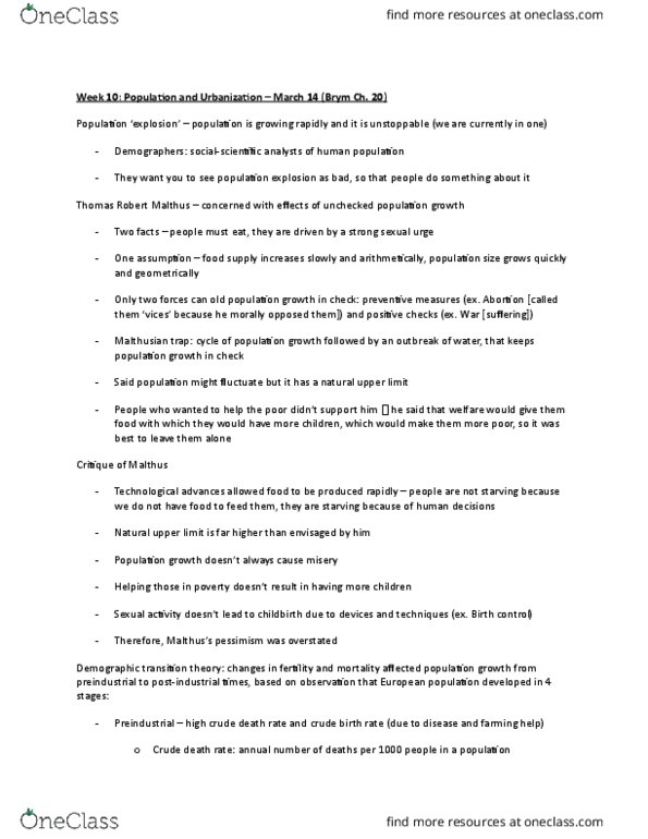 SOCA02H3 Lecture Notes - Lecture 10: Mortality Rate, Malthusian Trap, Demographic Transition thumbnail