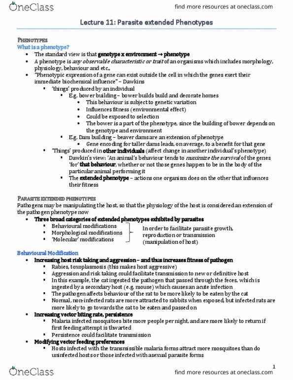 BIO220H1 Lecture Notes - Lecture 11: Helminths, The Extended Phenotype, Cockroach thumbnail