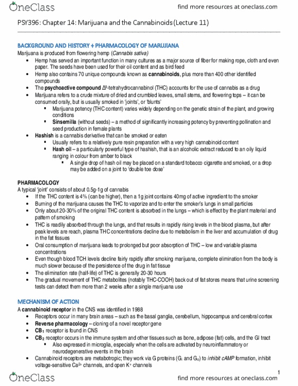 PSY396H1 Chapter Notes - Chapter 14: Synthetic Cannabinoids, Cannabis Sativa, Radial Arm Maze thumbnail