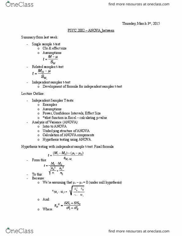 PSYC 2002 Lecture Notes - Lecture 8: Repeated Measures Design, Pooled Variance, Type I And Type Ii Errors thumbnail