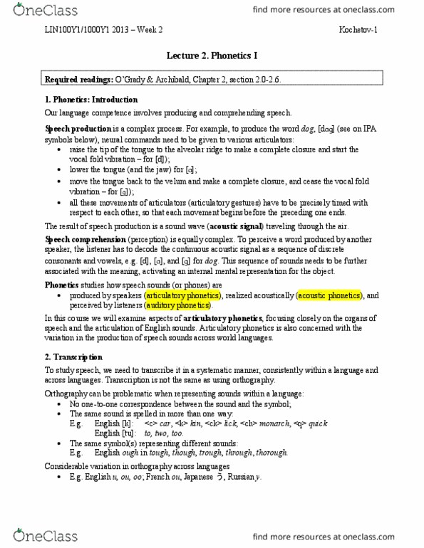 LIN100Y1 Lecture Notes - Lecture 2: International Phonetic Alphabet, Articulatory Phonetics, Acoustic Phonetics thumbnail