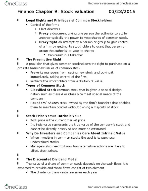 FINA 2201 Chapter Notes - Chapter 9: Dividend Yield, Growth Stock, Free Cash Flow thumbnail